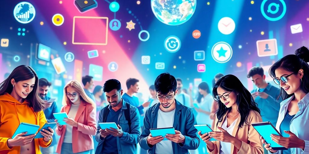 Diverse people engaging with technology in a futuristic setting.