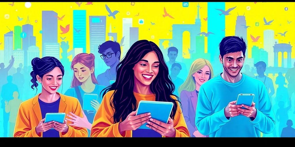 Diverse people interacting with futuristic technology in a digital landscape.