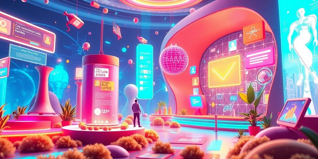 Futuristic e-commerce scene with engaging digital elements.