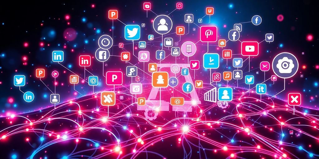 Futuristic social media icons and e-commerce elements.