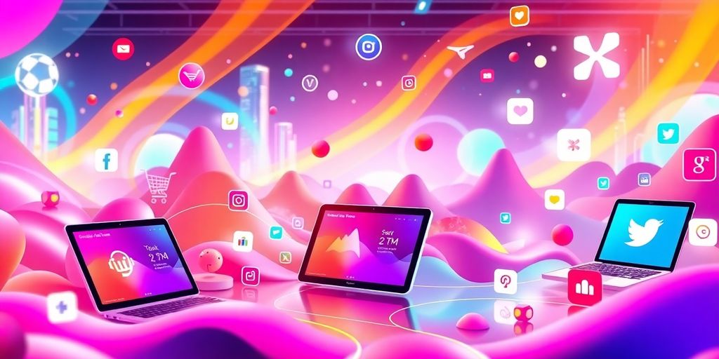 Futuristic e-commerce scene with vibrant social media elements.