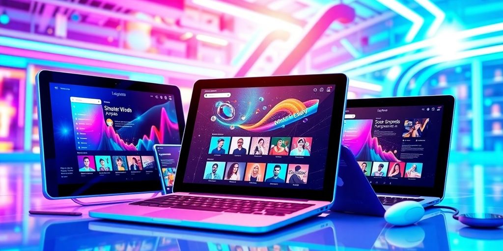 Futuristic ecommerce technology with sleek devices and interfaces.