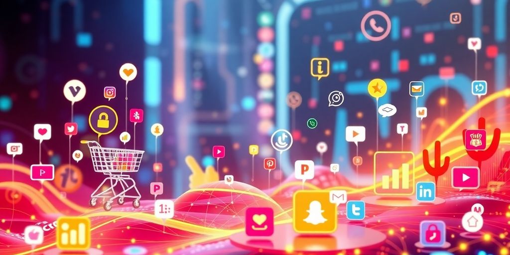 Futuristic e-commerce landscape with social media icons.