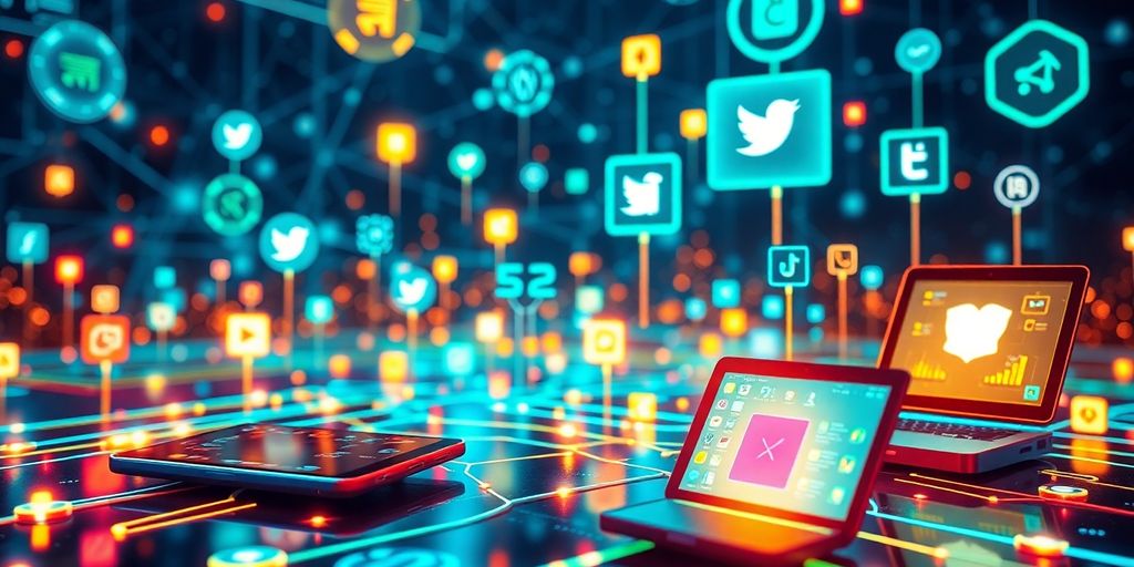 Futuristic digital landscape with social media icons.