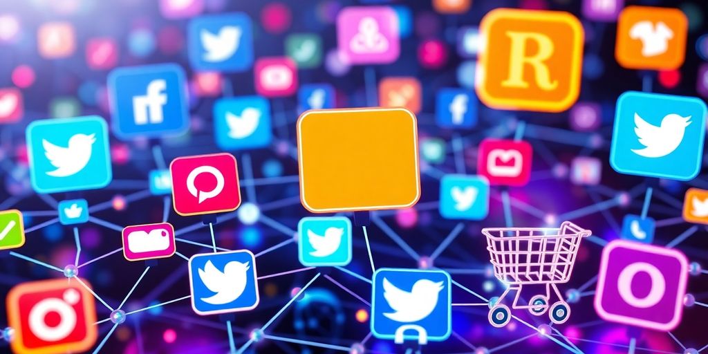 Futuristic e-commerce with social media icons interconnected.