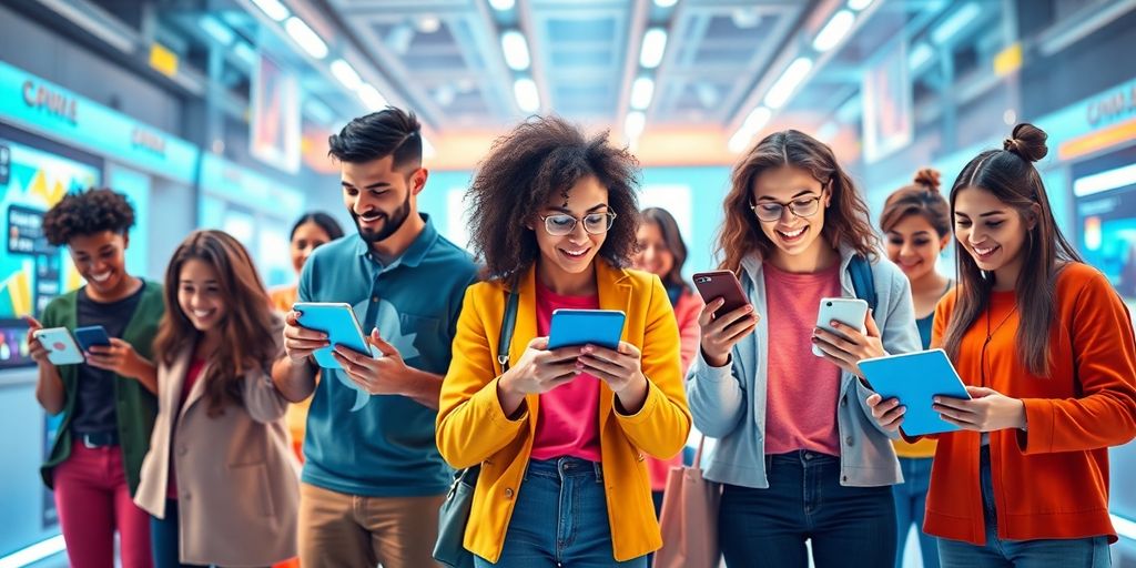 Diverse people sharing content through digital devices.