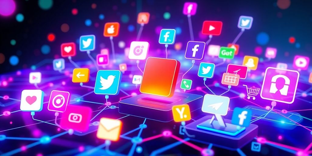 Futuristic digital landscape with social media icons and e-commerce.