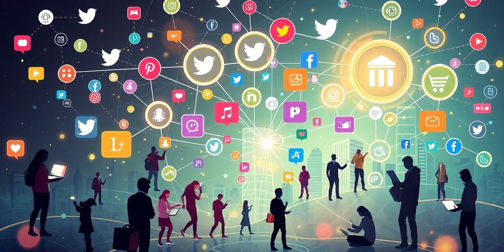 Futuristic e-commerce with social media icons and users.