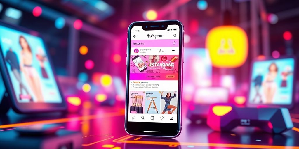 Futuristic e-commerce smartphone with Instagram shopping features.