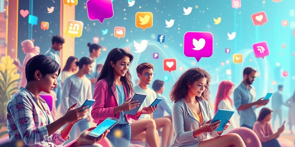 People engaging with futuristic technology in a digital landscape.