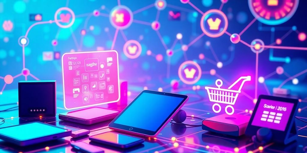 Futuristic e-commerce devices in a digital landscape.
