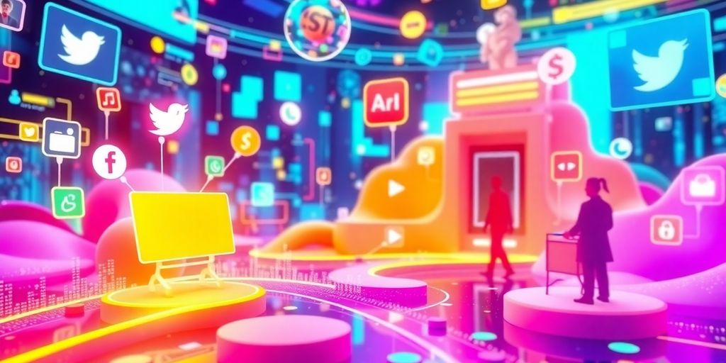 Futuristic e-commerce scene with social media icons.