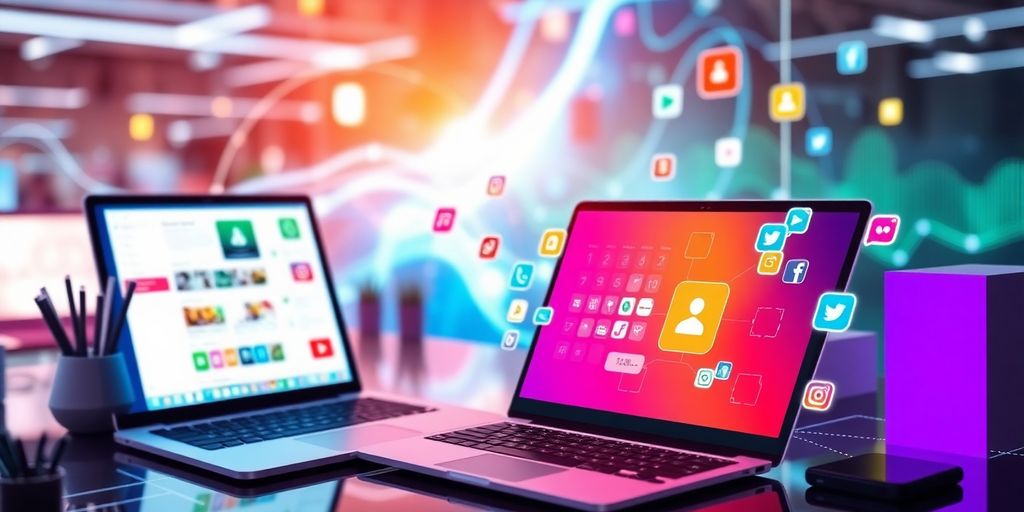 Futuristic workspace with technology and social media icons.