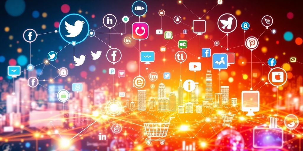 Futuristic social media icons in a digital landscape.