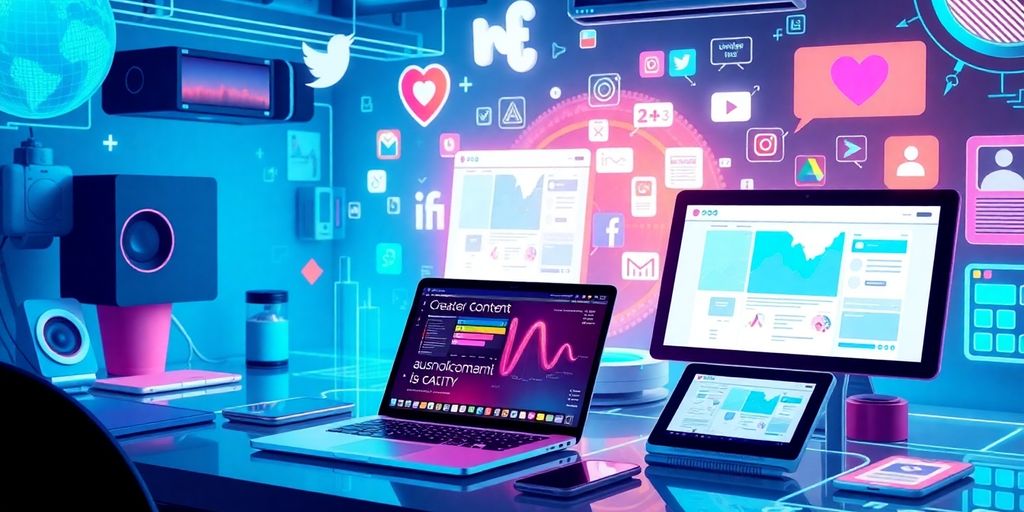 Futuristic workspace with digital tools for content creation.