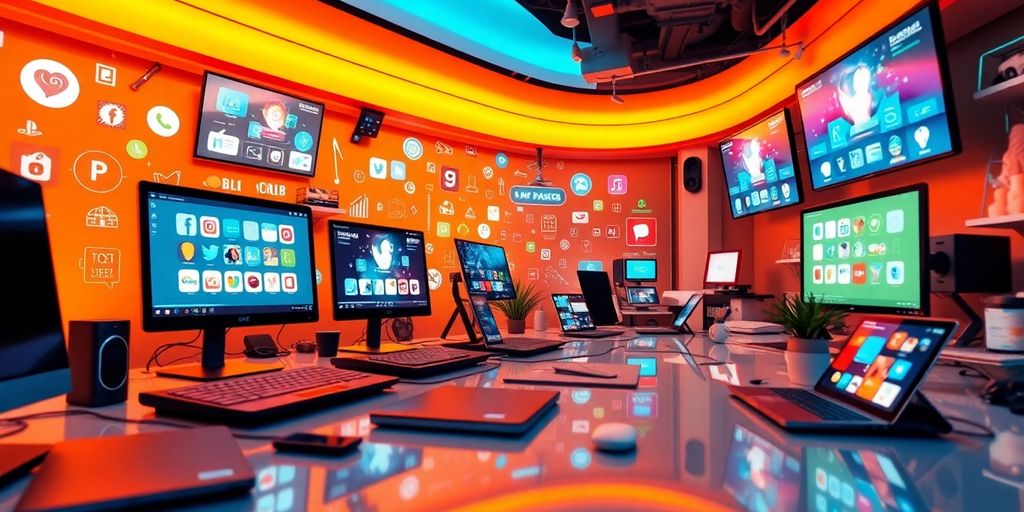 Futuristic workspace with social media and e-commerce elements.