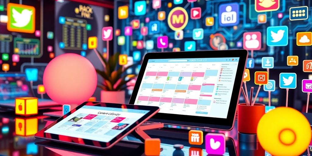 Futuristic workspace with technology tools and content calendar.