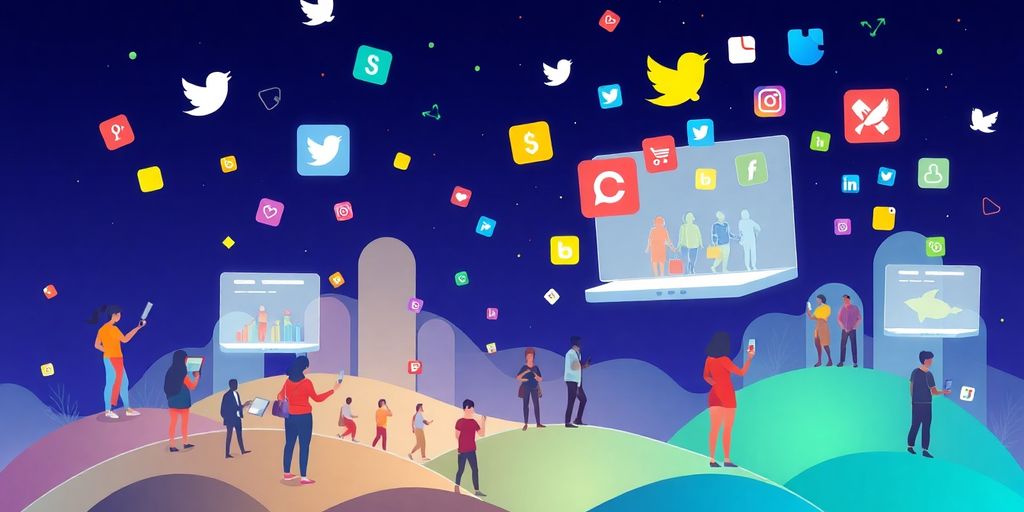 Futuristic e-commerce with users engaging on social media.