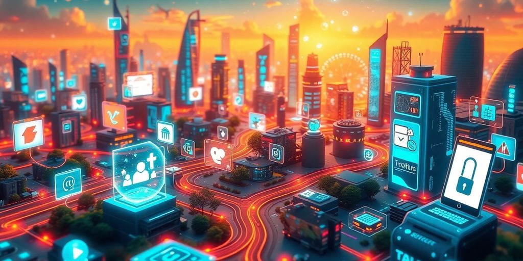 Futuristic e-commerce scene with social media icons.