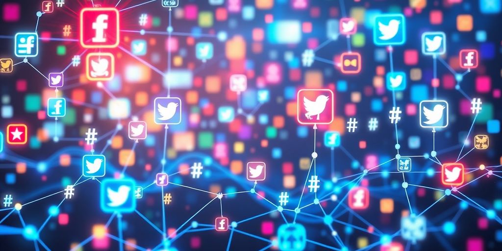 Futuristic social media icons and hashtags in digital landscape.