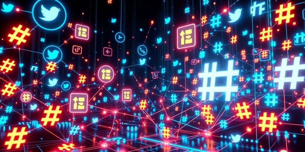 Futuristic digital landscape with social media icons and hashtags.
