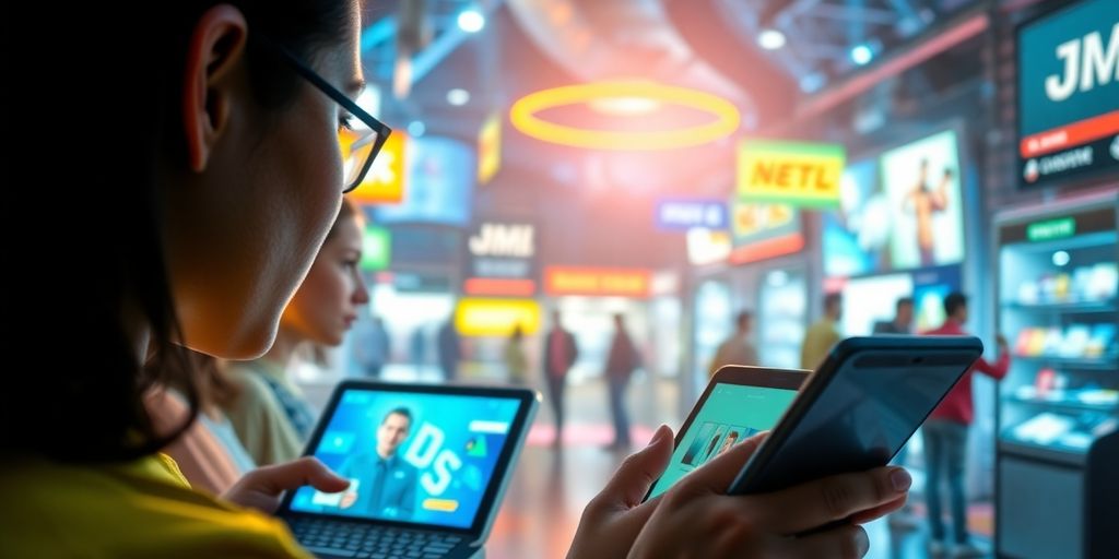 Futuristic digital marketplace with sleek devices and visuals.