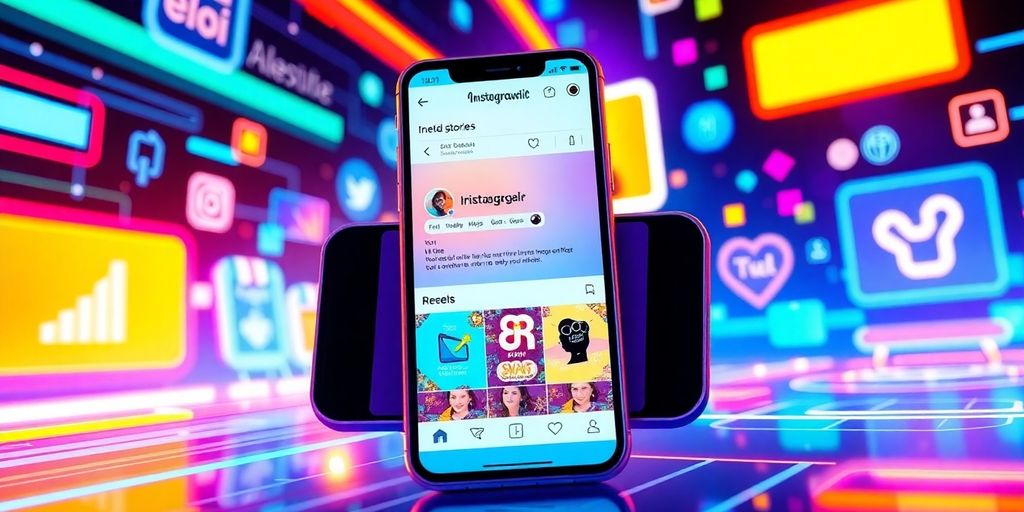 Smartphone with Instagram Stories and Reels in a digital setting.