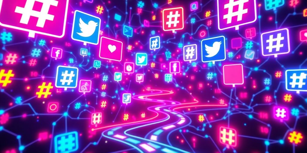 Colorful social media icons with hashtags in a digital landscape.