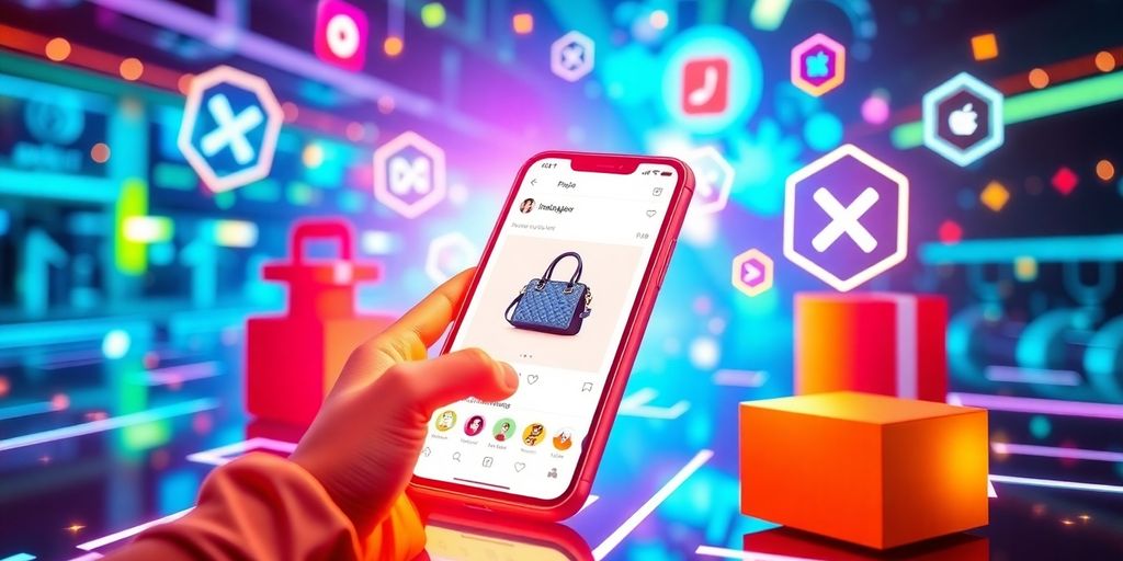 Futuristic e-commerce scene with smartphone and products.