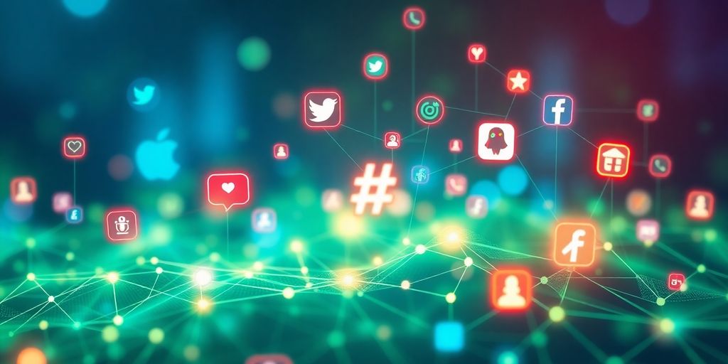 Colorful social media icons with hashtags in a digital landscape.