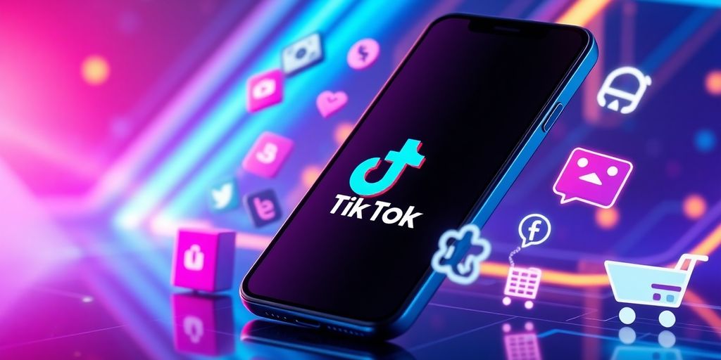 Futuristic smartphone with TikTok logo and marketing icons.