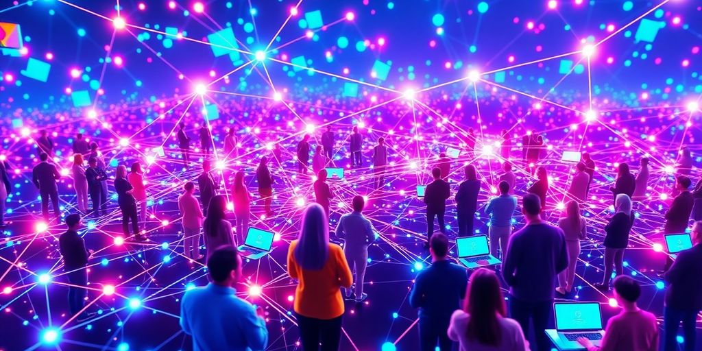 Diverse people connecting in a futuristic digital landscape.