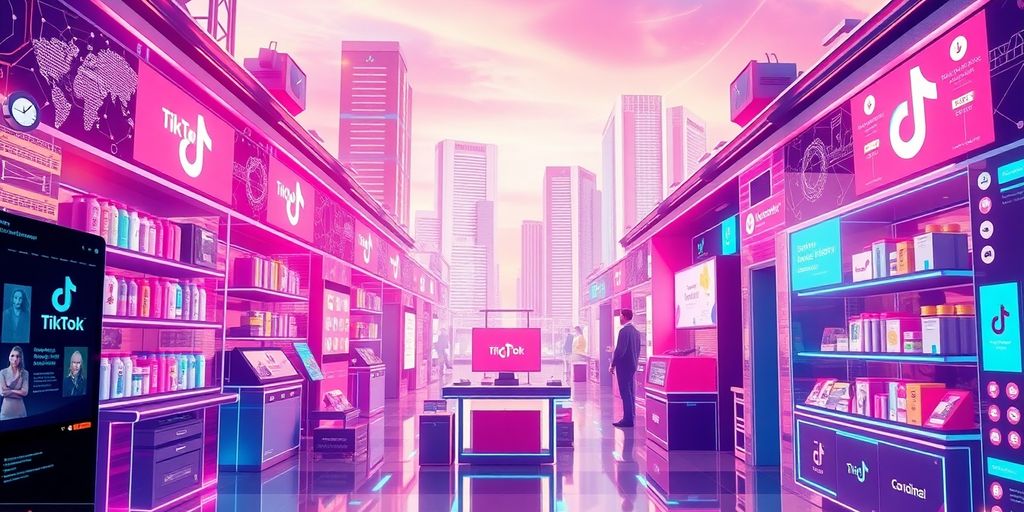 Futuristic digital marketplace with technology and products.