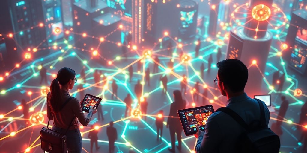 Futuristic online community with users and technology connections.