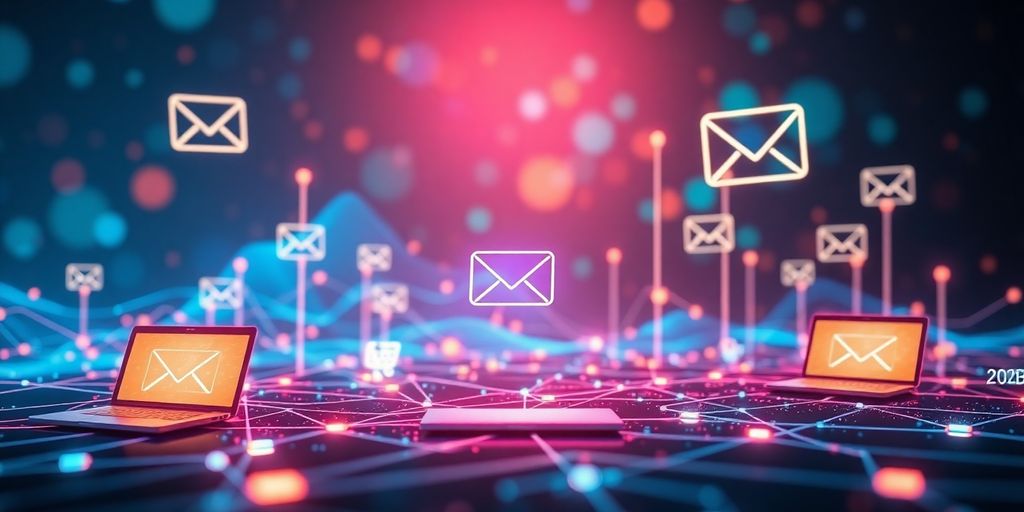 Futuristic digital landscape with interconnected devices and colors.