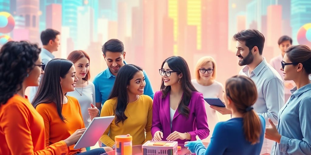 Diverse people engaging in a futuristic online community.