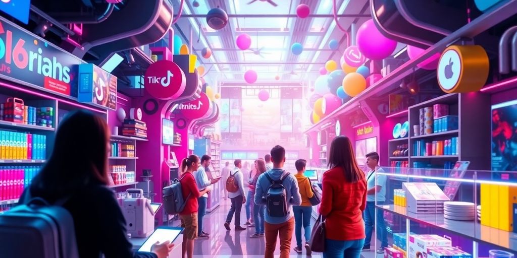 Futuristic digital marketplace with diverse products and devices.