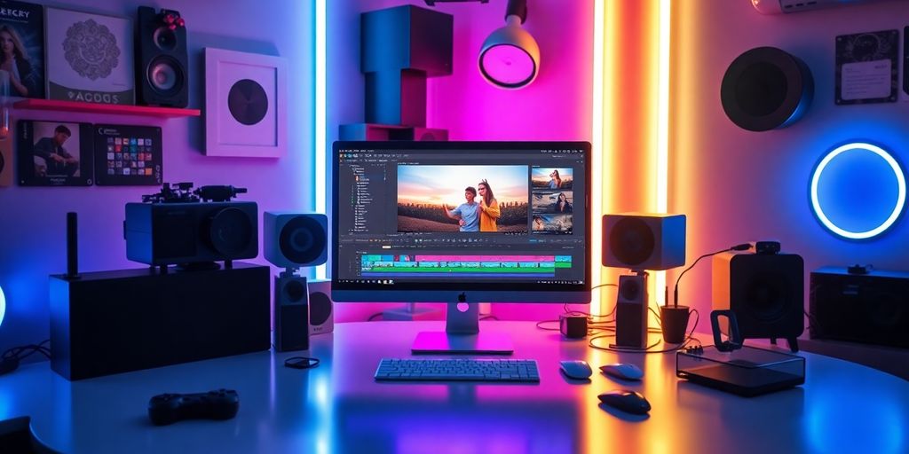 Futuristic workspace with video editing tools and devices.