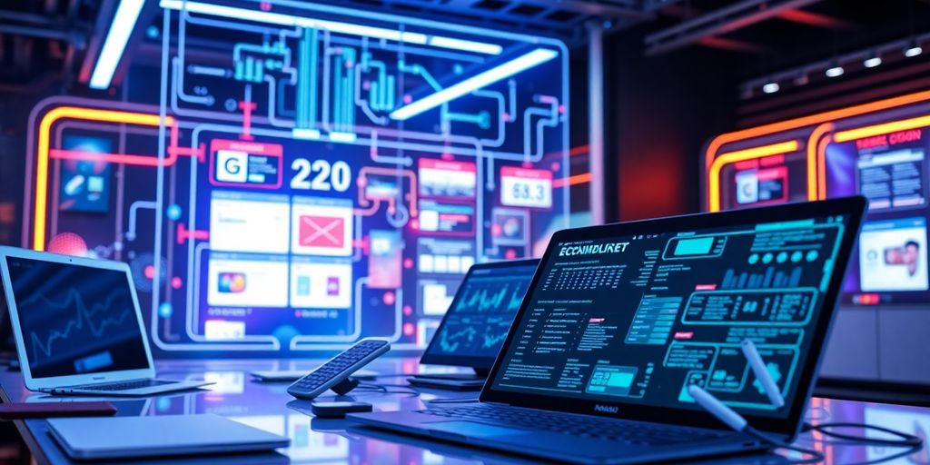 Futuristic digital workspace with advanced technology tools.