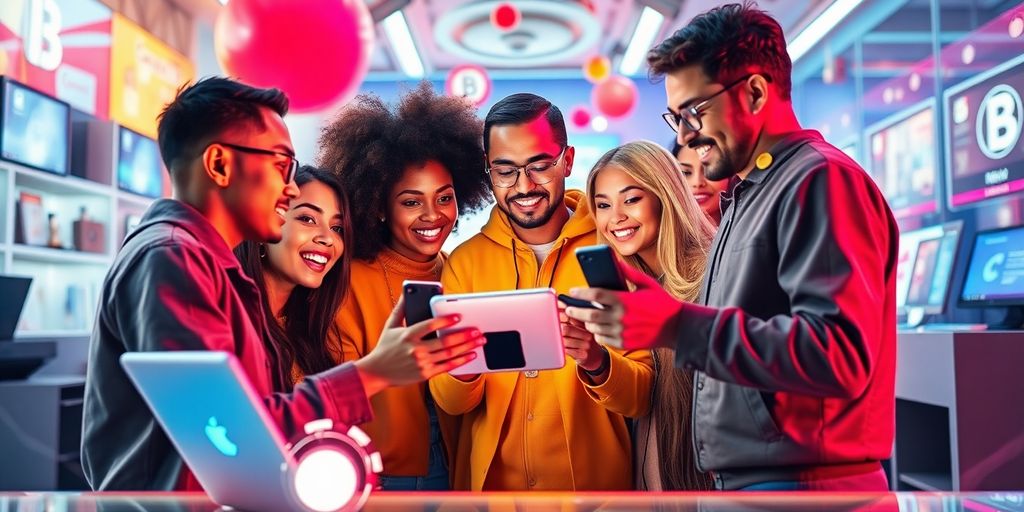 Diverse influencers collaborating with futuristic technology for marketing.