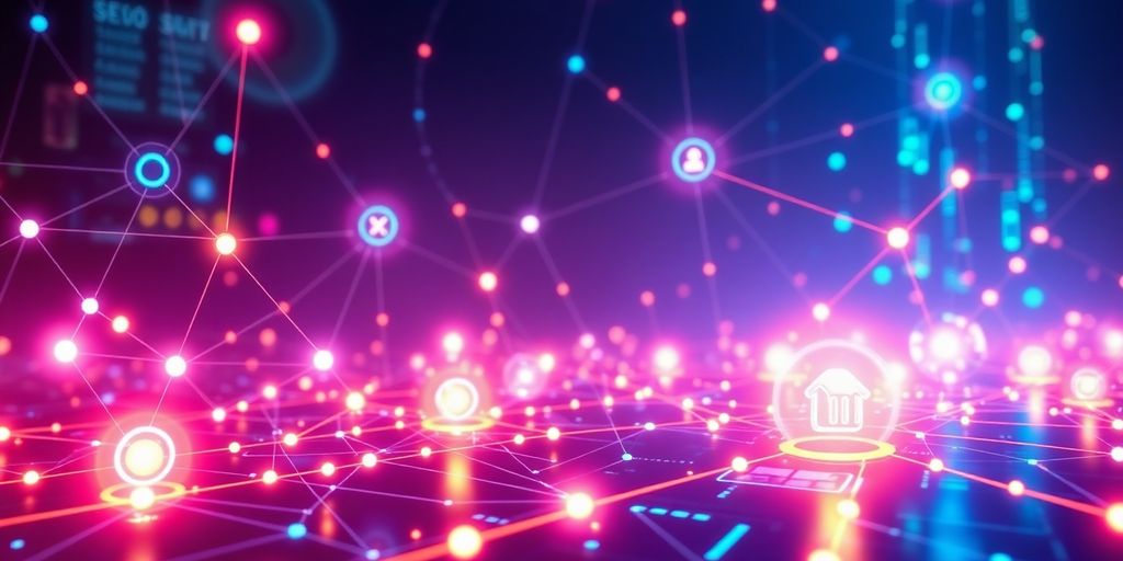 Futuristic e-commerce landscape with interconnected digital nodes.