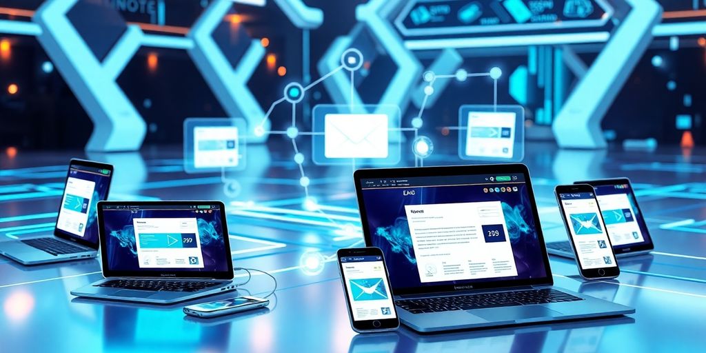 Futuristic workspace with interconnected devices for email marketing.