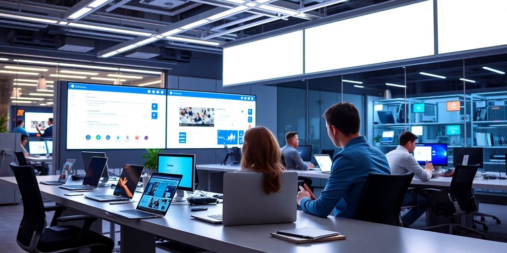 Futuristic office with professionals collaborating on digital devices.