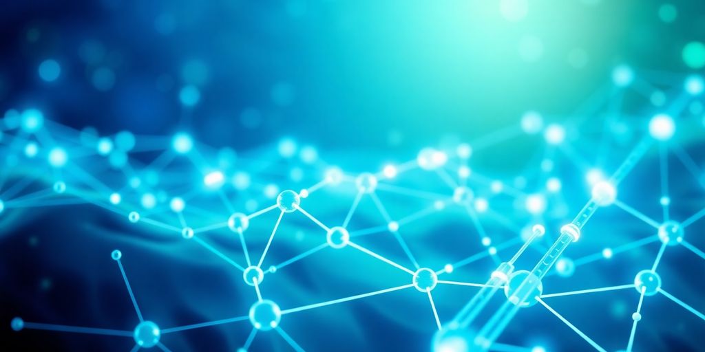 Futuristic digital landscape with interconnected nodes and links.