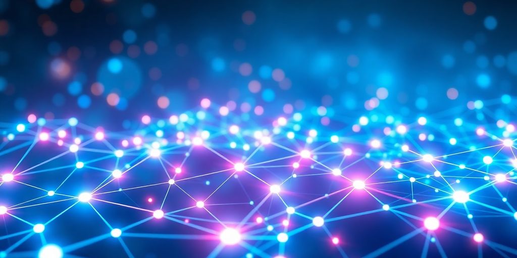 Futuristic digital landscape with interconnected nodes and links.