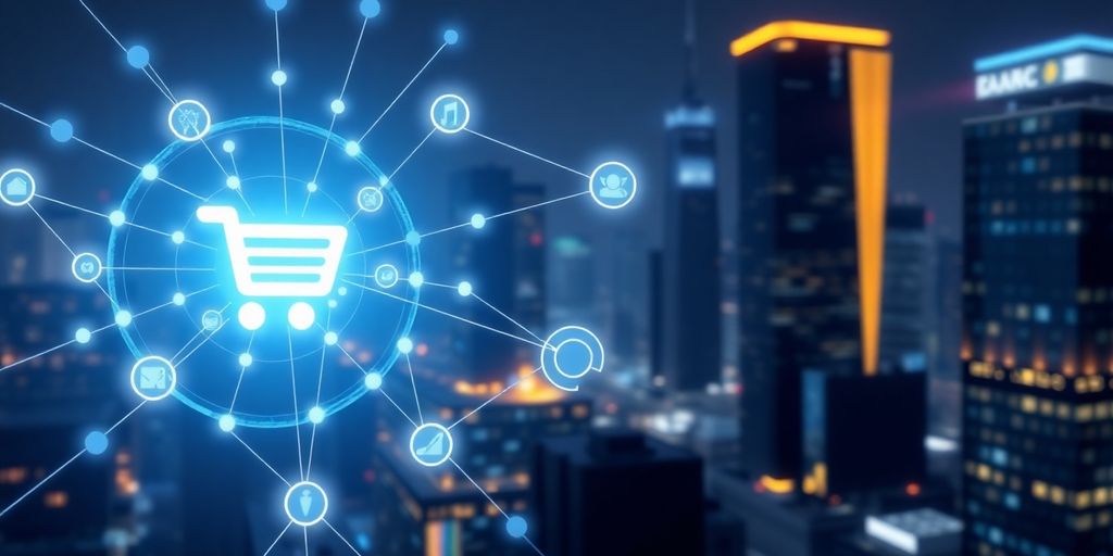 Futuristic e-commerce scene with interconnected digital nodes.