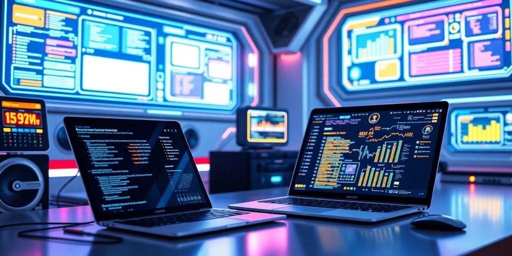 Futuristic workspace with advanced technology and digital interfaces.