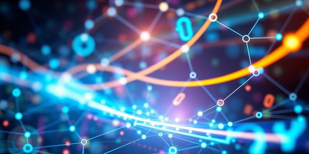 Futuristic e-commerce scene with interconnected digital nodes.