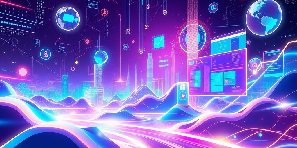 Futuristic digital landscape with advanced technology elements.