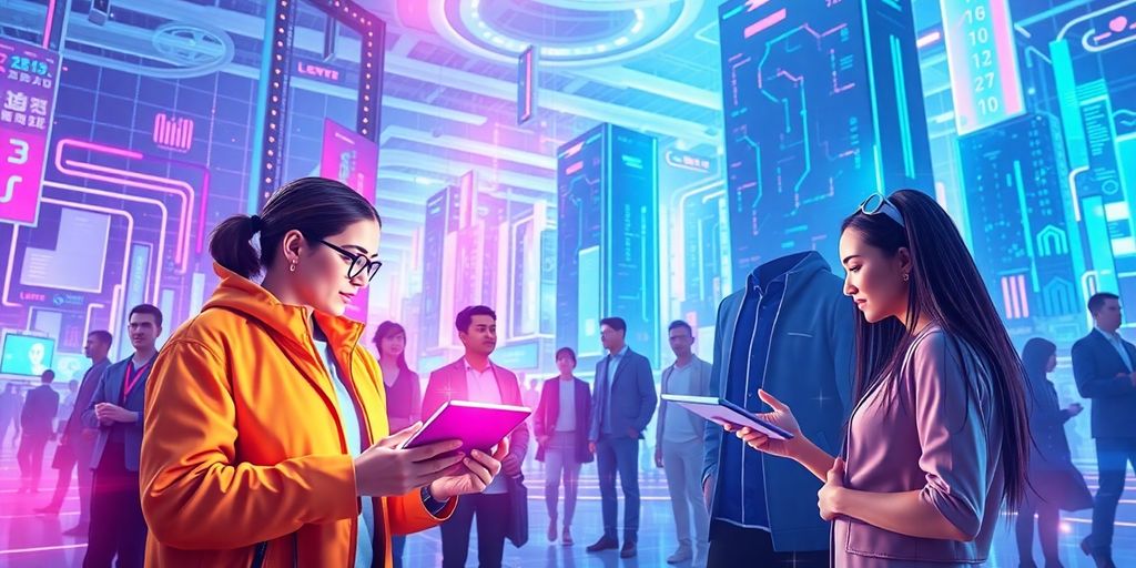 Futuristic digital landscape with diverse individuals and technology.